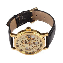 Mens Black Leather Skeleton Gold Dial Mechancial Watch