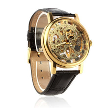 Mens Black Leather Skeleton Gold Dial Mechancial Watch