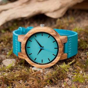 Mens Bamboo Wood Blue Leather Band & Anlaogue Display