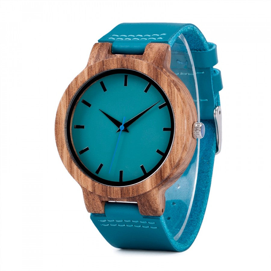 Mens Bamboo Wood Blue Leather Band & Anlaogue Display