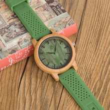 Mens Bamboo Wood Watch with Soft Green Silicone Straps