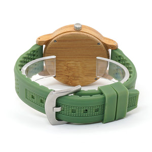 Mens Bamboo Wood Watch with Soft Green Silicone Straps